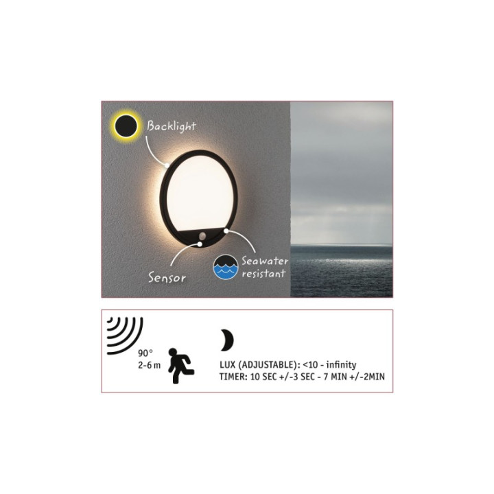 Sieninis šviestuvas Lamina Backlight 14,5W su judesio davikliu, juodos spalvos